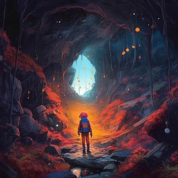 A man stands in a cave with a glowing light on his back.