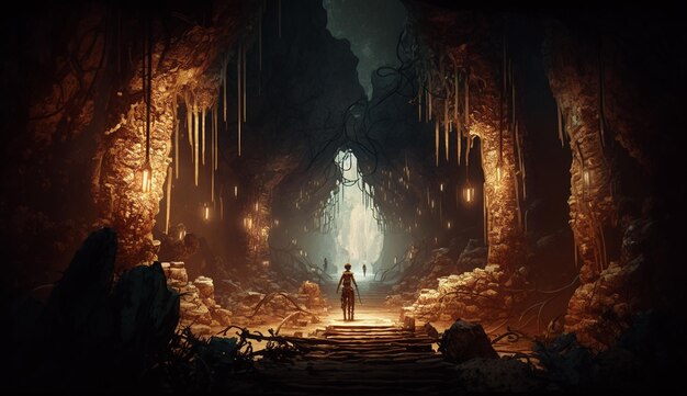 A man stands in a cave with a light coming out of it.