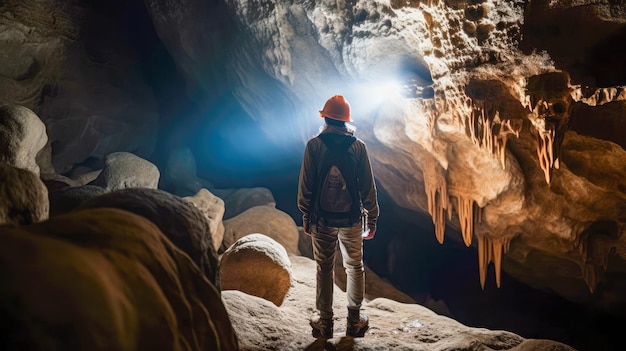 A man stands in a cave with a light on his hat.