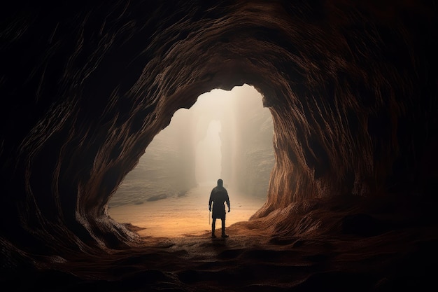 A man stands in a cave with the light shining on him.