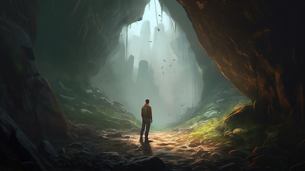 A man stands in a cave with a light at the top