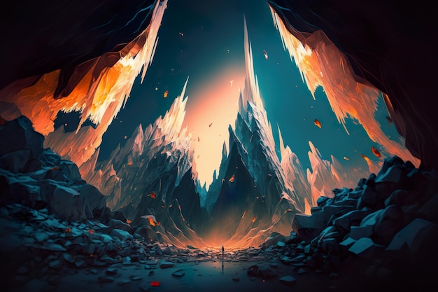 A man stands in a cave with mountains and fire in the background.