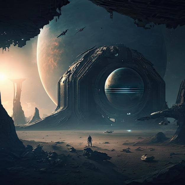 A man stands in a cave with a planet in the background.