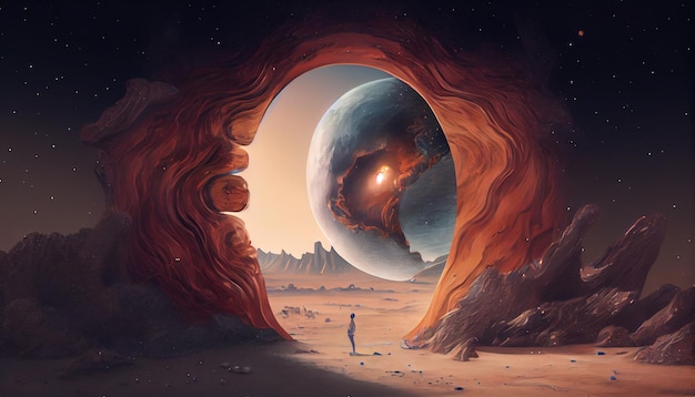 A man stands in a cave with a planet in the background.