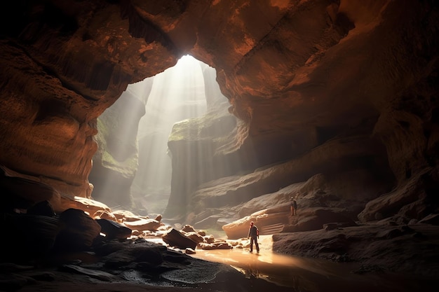 A man stands in a cave with the sun shining through the cave