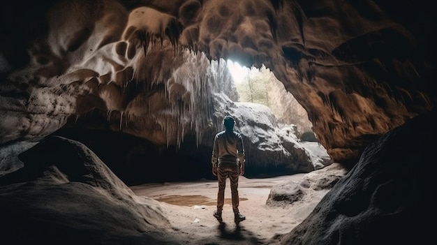 A man stands in a cave with the word cave on the left.