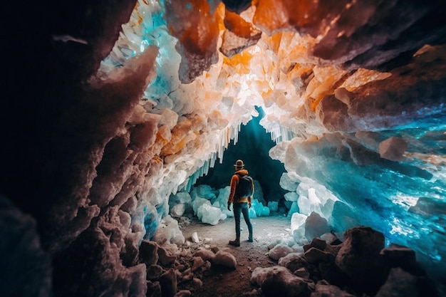 A man stands in a cave with the word ice on it