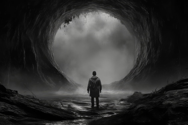 A man stands in a cave with the word star on the bottom