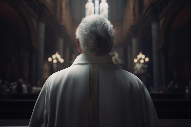 Photo a man stands in a church looking at a cross.