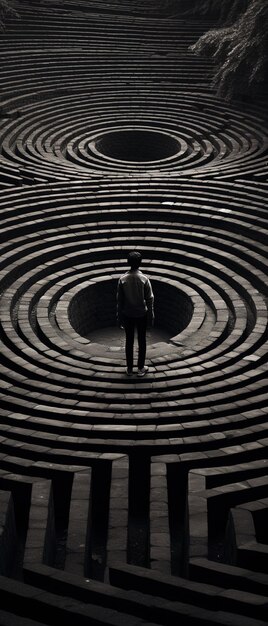 a man stands in a circle of water with a man standing in front of it