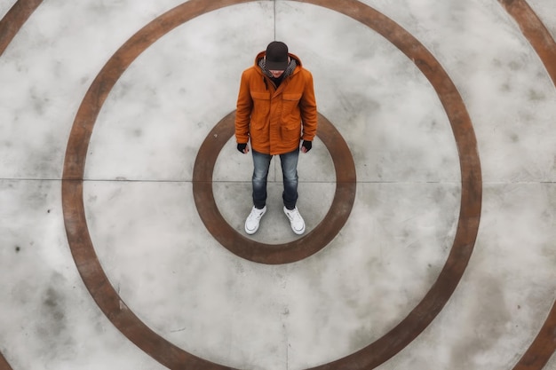 A man stands in a circle with a red circle on the ground.