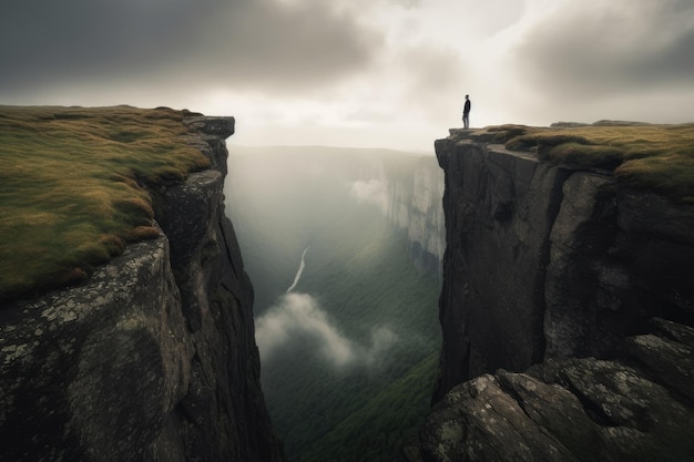 A man stands on a cliff in a dark and cloudy sky.