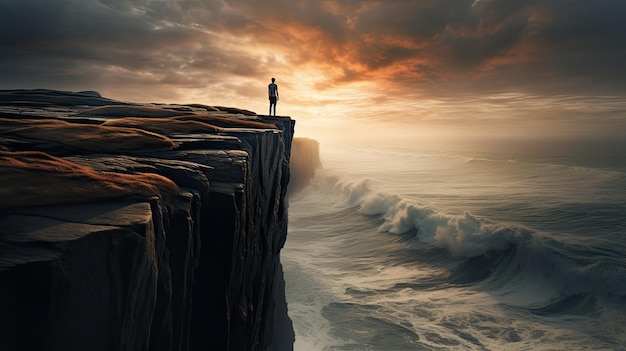 Photo a man stands on a cliff edge and looks out to sea.