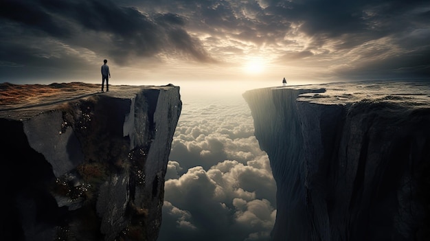 Photo a man stands on a cliff edge and a man standing on the edge of the cliff.