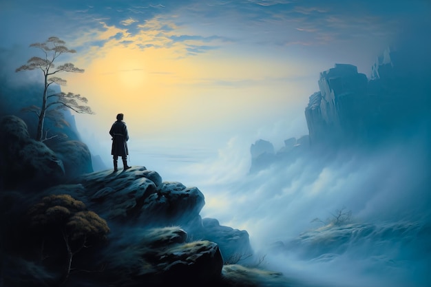 A man stands on a cliff in the fog looking at the sunrise.