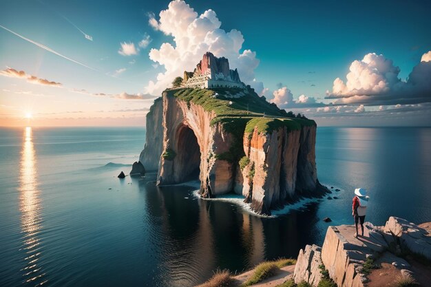 A man stands on a cliff in front of a castle in the ocean.