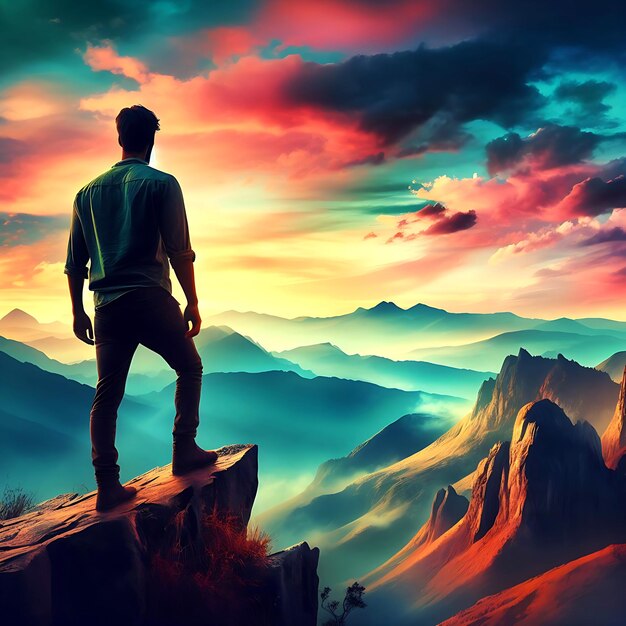 Photo a man stands on a cliff in front of a colorful sky ai generated