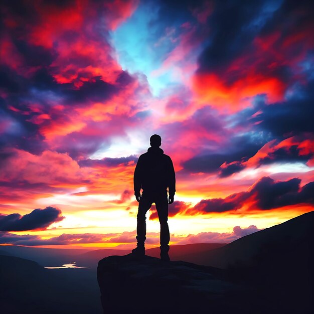 Photo a man stands on a cliff in front of a colorful sky ai generated