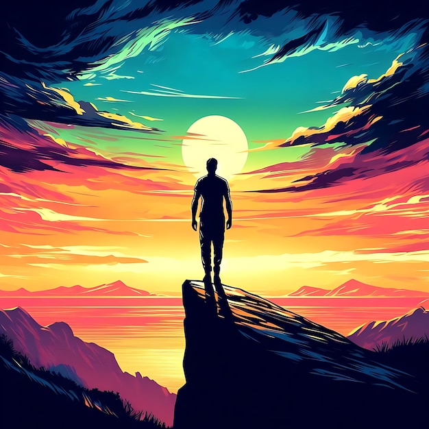 A man stands on a cliff in front of a colorful sky Ai Generated