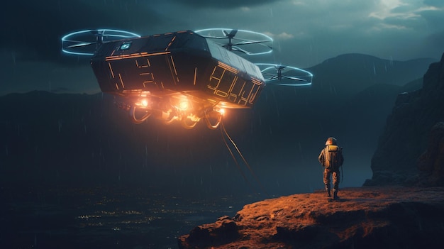 A man stands on a cliff in front of a drone that is flying over a mountain.