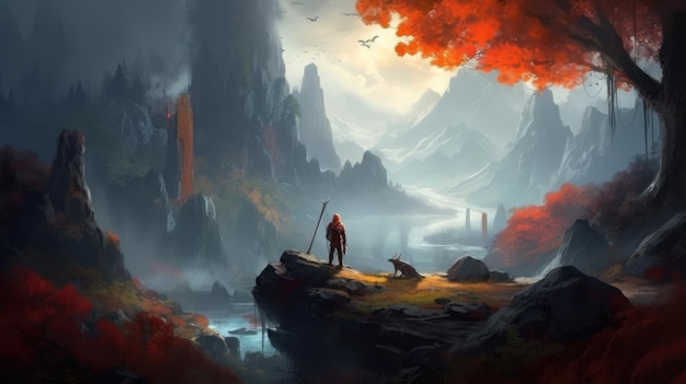 A man stands on a cliff in front of a mountain with a dog.