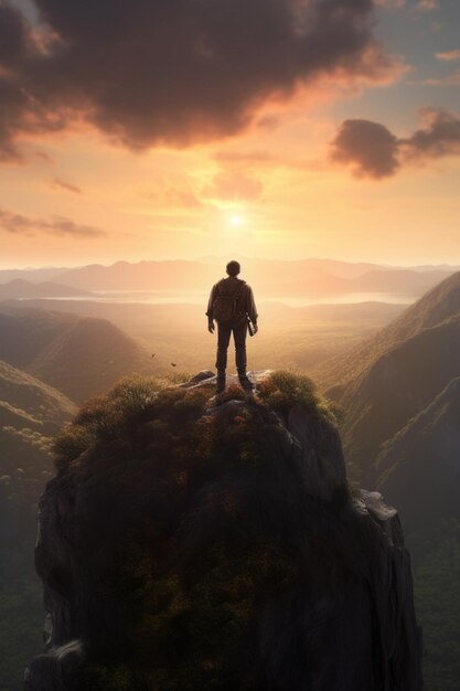 A man stands on a cliff in front of a sunset