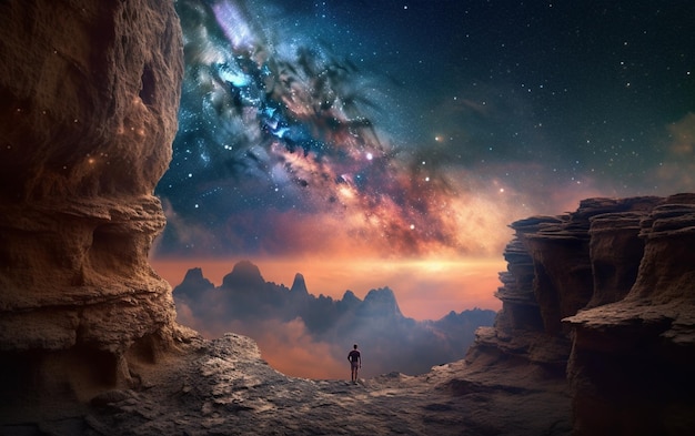 A man stands on a cliff in a galaxy like sky.