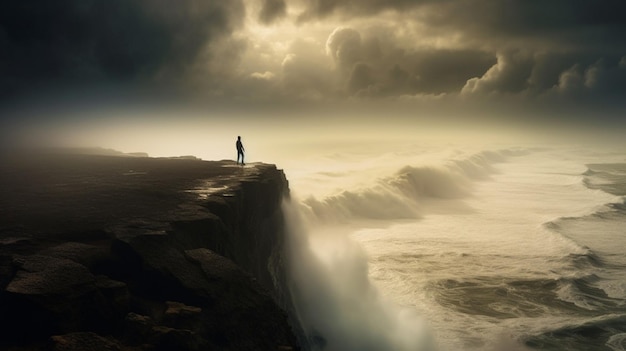 A man stands on a cliff looking at the ocean.