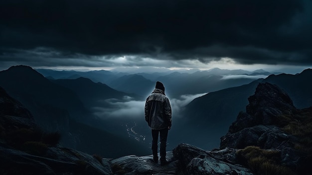 Foto un uomo si trova su una scogliera che guarda le montagne.