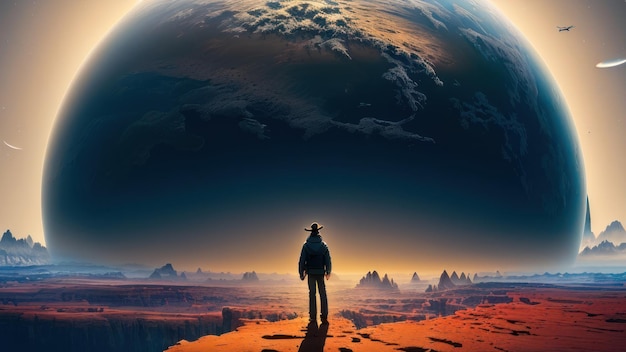 A man stands on a cliff looking at the planet earth.