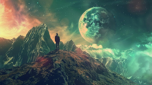 a man stands on a cliff looking at a planet with a green planet in the background