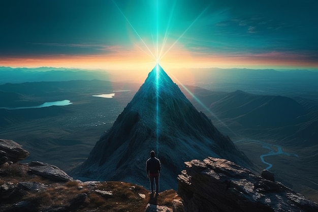 Мужчина стоит на скале и смотрит на солнце, сияющее сквозь вершину горы.