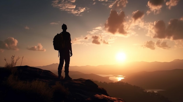 A man stands on a cliff looking at the sunset