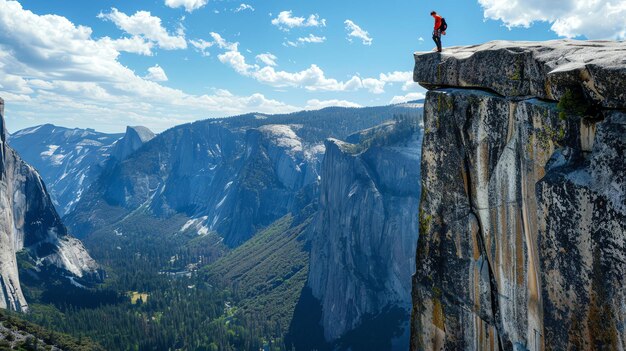 Photo a man stands on a cliff overlooking a beautiful landscape the sky is blue the sun is shining and the mountains are in the distance