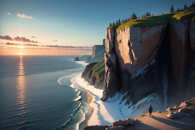 A man stands on a cliff overlooking a body of water with the sun setting behind him.