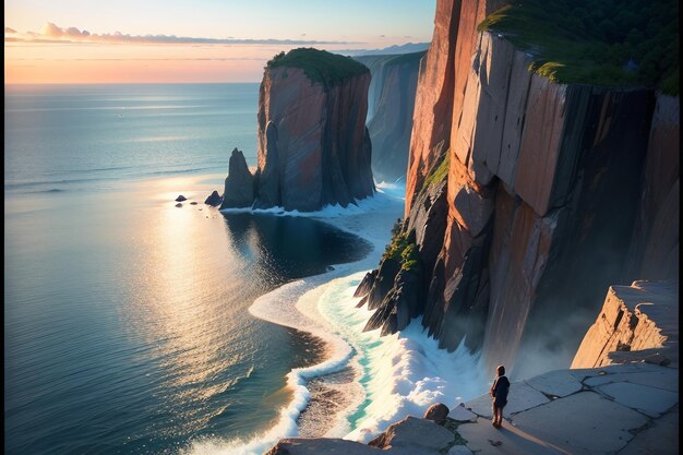 A man stands on a cliff overlooking a body of water.