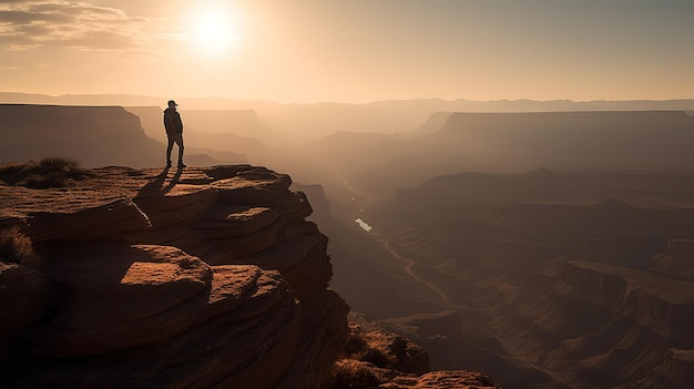 A man stands on a cliff overlooking a canyon.