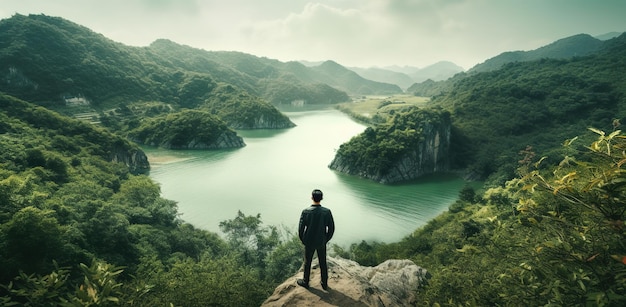 A man stands on a cliff overlooking a lake and mountains.