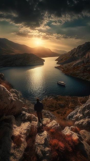A man stands on a cliff overlooking a lake and the sun is setting.
