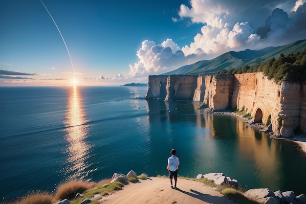 男は海を見下ろす崖の上に立っており、太陽が沈みかけています。