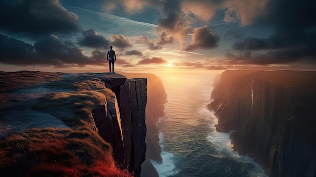 a man stands on a cliff overlooking the ocean.