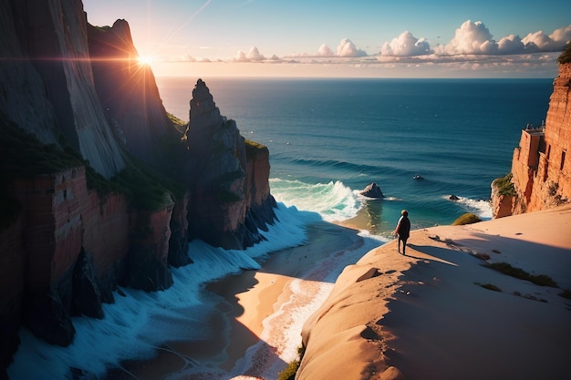 A man stands on a cliff overlooking the ocean.