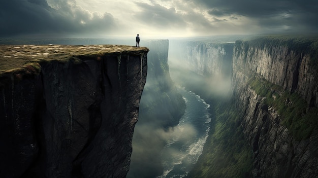 a man stands on a cliff overlooking the river.