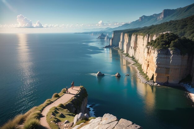 A man stands on a cliff overlooking the sea.