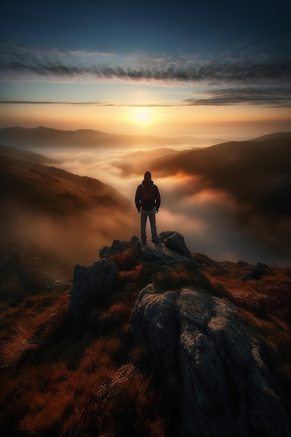 A man stands on a cliff overlooking a sunset.