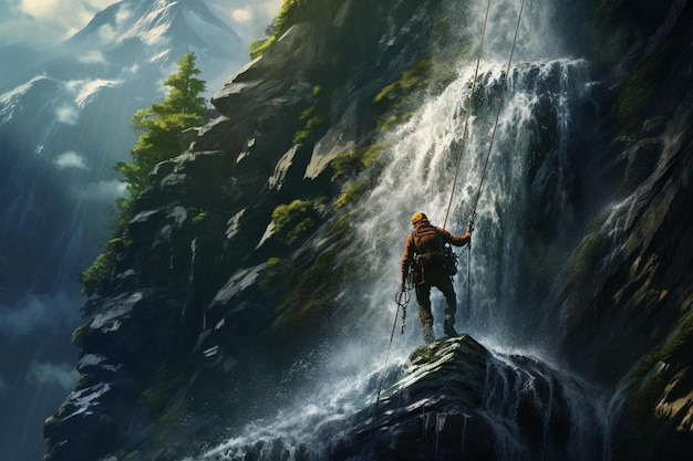 a man stands on a cliff above a waterfall with mountains in the background.