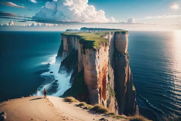 A man stands on a cliff with the ocean in the background