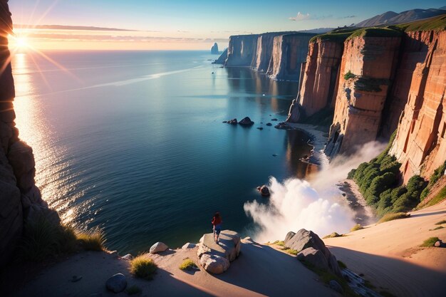 A man stands on a cliff with the ocean and the sun is setting.