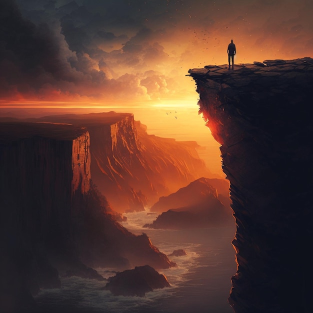 A man stands on a cliff with the sun setting behind him.