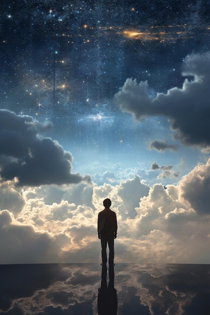 A man stands in the clouds looking at the stars